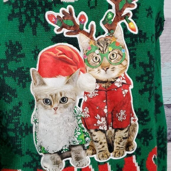 Meowy Catmas Ugly Christmas Sweater Sleeveless Sz L Cat Kitten Party 823 - Picture 3 of 7